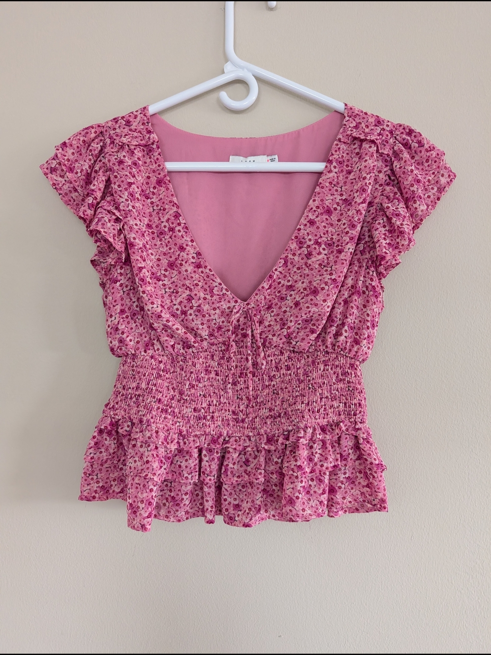 Lush Pink Floral Smocked V-Neck Ruffle Summer Babydoll Peplum Top Size M